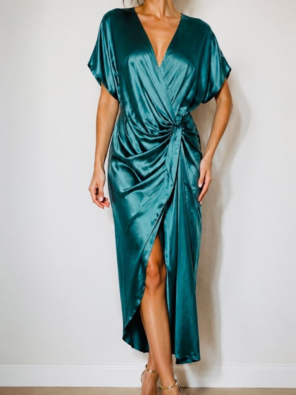 Michelle Mason Emerald Green 100% Silk Wrap-Effect Midi Dress - Size 2